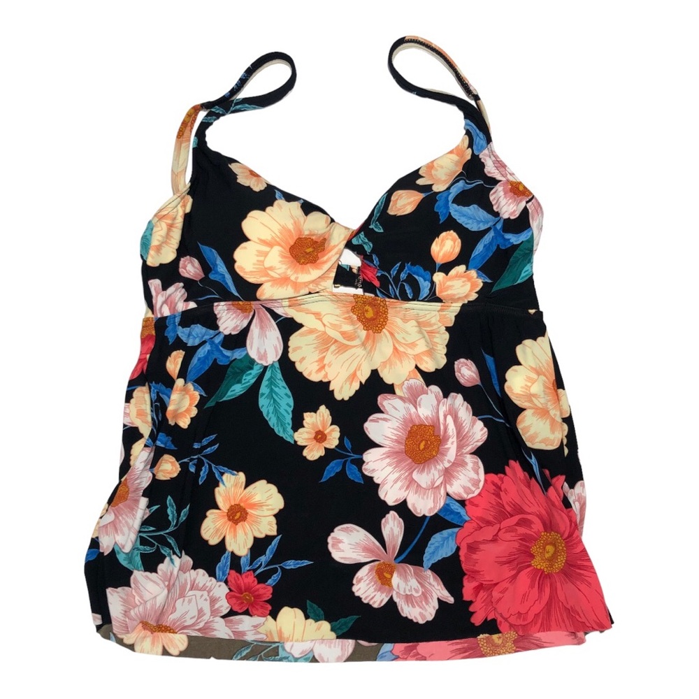 Dreamsuit by Miracle Brands Black Floral Tankini Top with Adjustable Straps. NWT